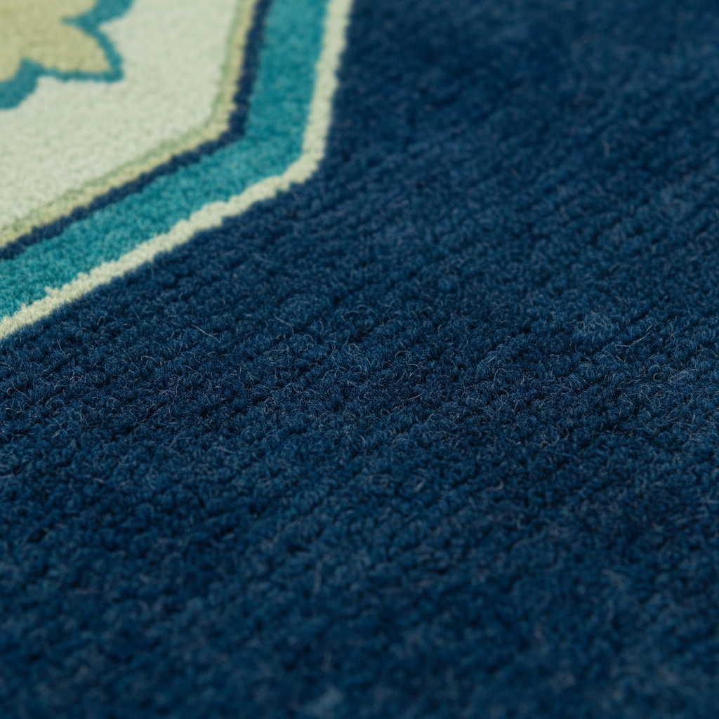 Close-up detail of a textured rug showing a deep navy blue field with a geometric border in teal, cream, and light blue.