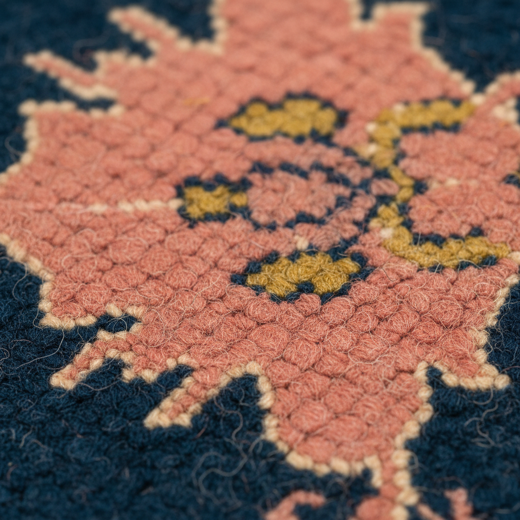Close-up of a textured woven rug with a coral pink floral pattern, dark navy blue background, and mustard yellow accents.