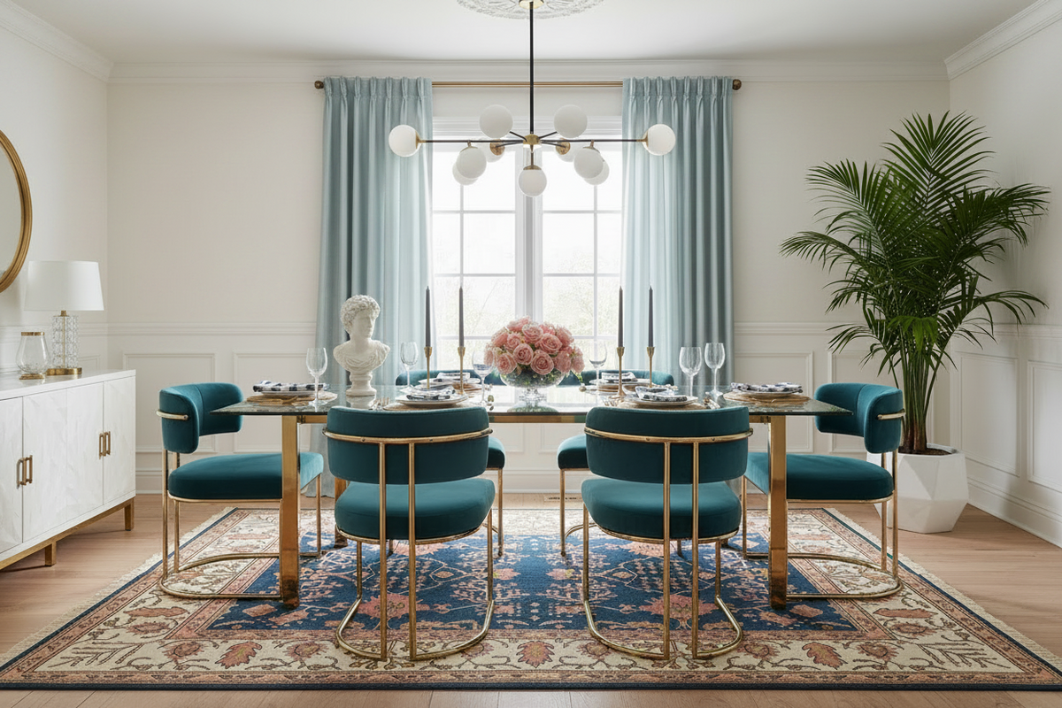 Modern dining room with blue rug, with teal chairs, gold legs, and a large window.