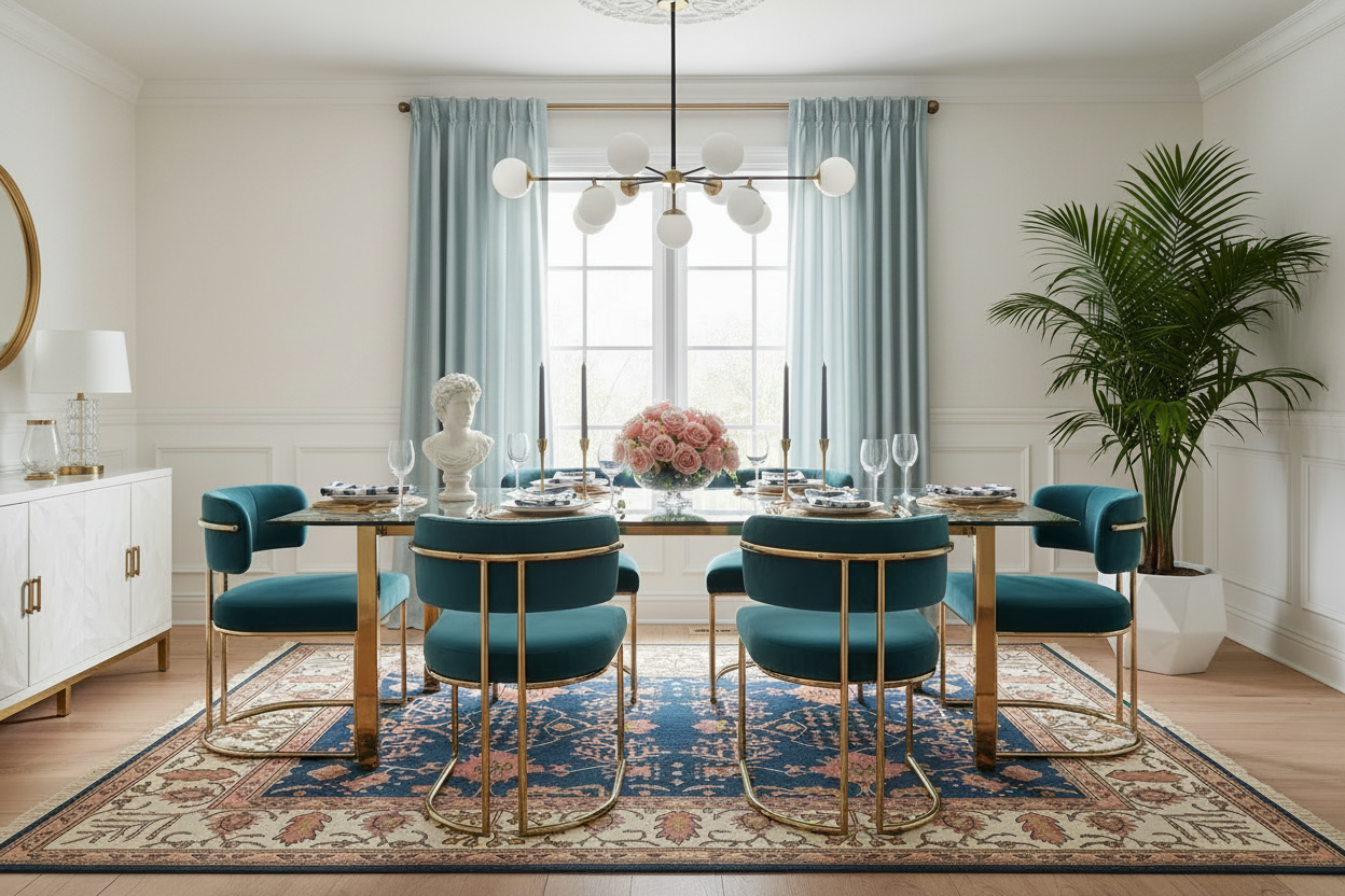 Modern dining room with blue rug, with teal chairs, gold legs, and a large window.