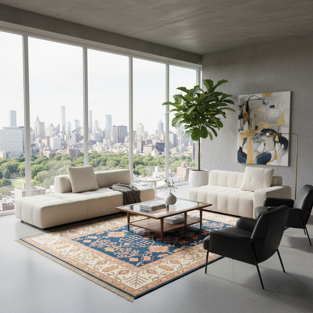 A modern living room with two cream sofas, black armchairs, a wooden coffee table, and a blue patterned area rug, set against a gray concrete wall with a large window overlooking a city skyline and park.