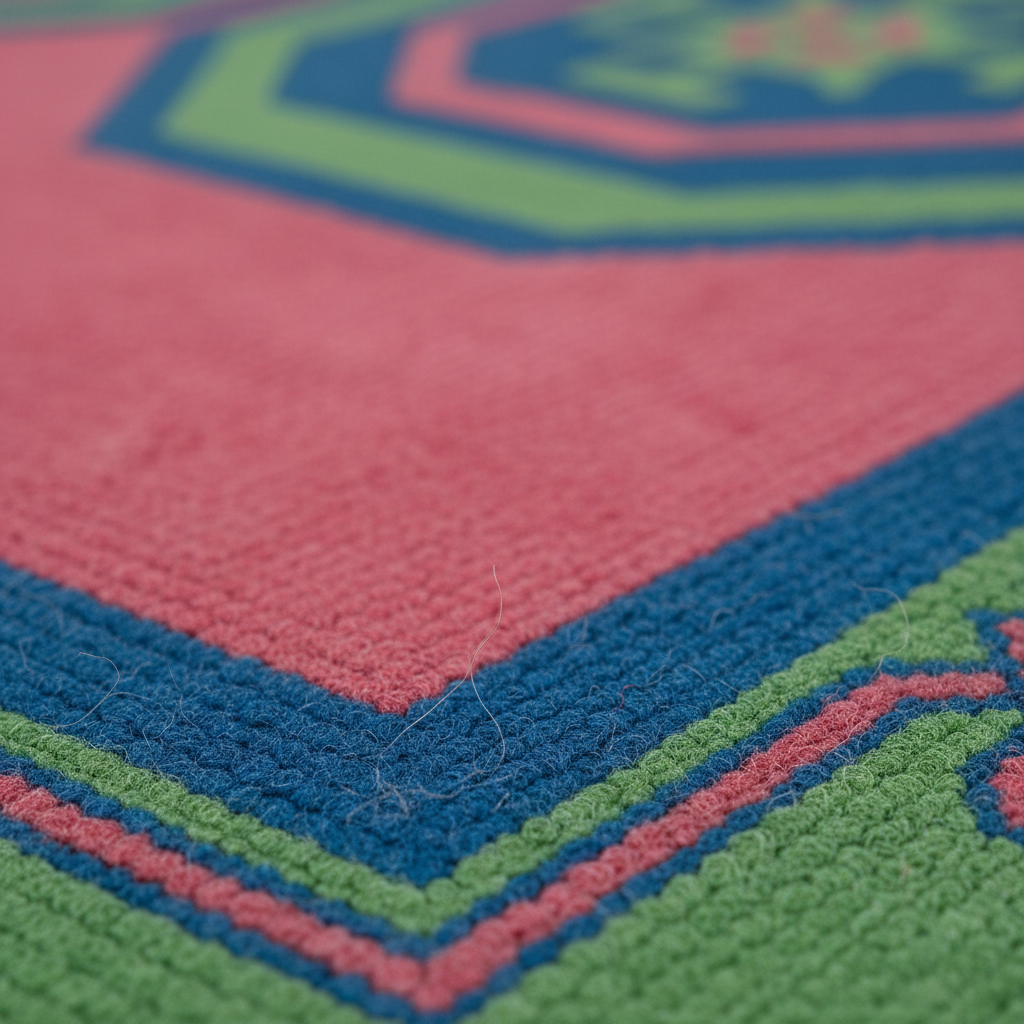 Close-up of a colorful textured rug with a pink field, blue and green geometric border, and a star motif in the corner.