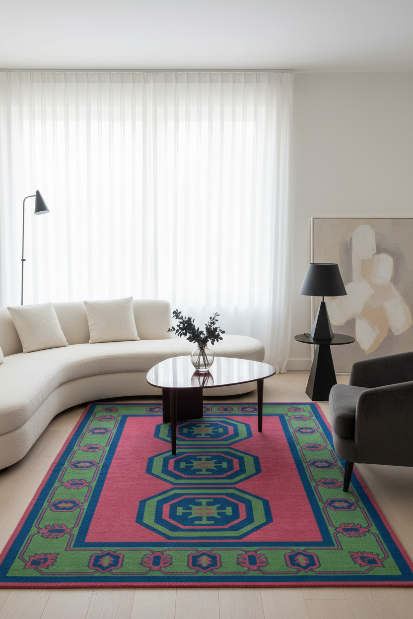 A colorful area rug with a pink center, green borders, and blue geometric patterns is styled in a modern living room with a curved cream sofa, a glass-top coffee table, and a dark gray armchair.