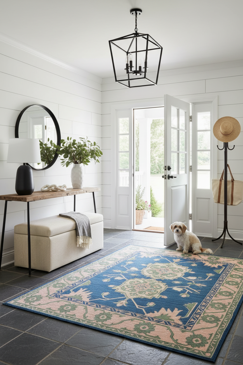 Entryway with a blue floral rug, white bench, and dog sitting by the door.
