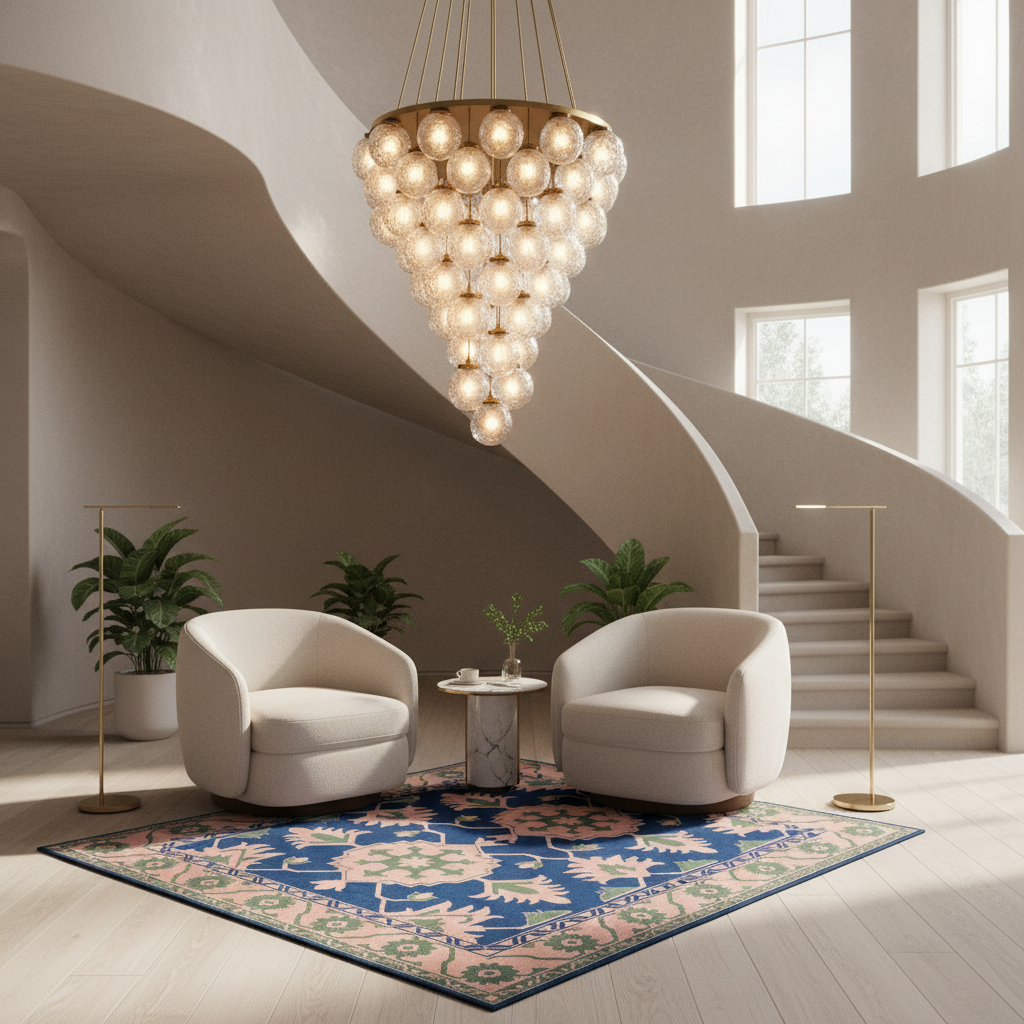 A modern luxury interior featuring a large, tiered glass chandelier with glowing globe bulbs hanging over a lounge area with two cream armchairs, a blue patterned rug, and a sweeping staircase in the background.