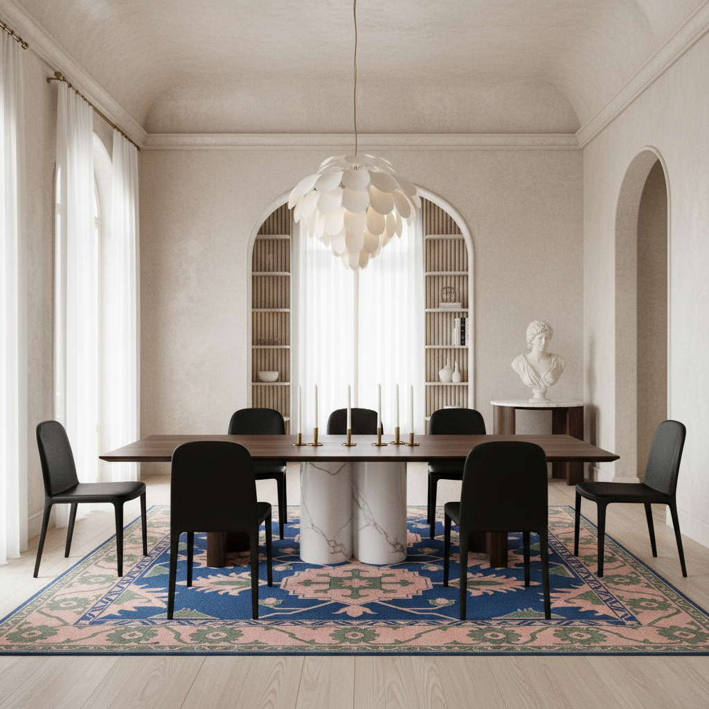 A modern dining room featuring a dark wood rectangular table with a white marble cylindrical pedestal base, surrounded by six black chairs. The furniture is arranged on a large blue, pink, and green patterned area rug.