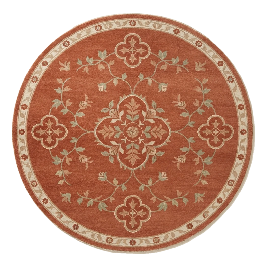 Rust Vine Quatrefoil Round Hand Knotted Rug