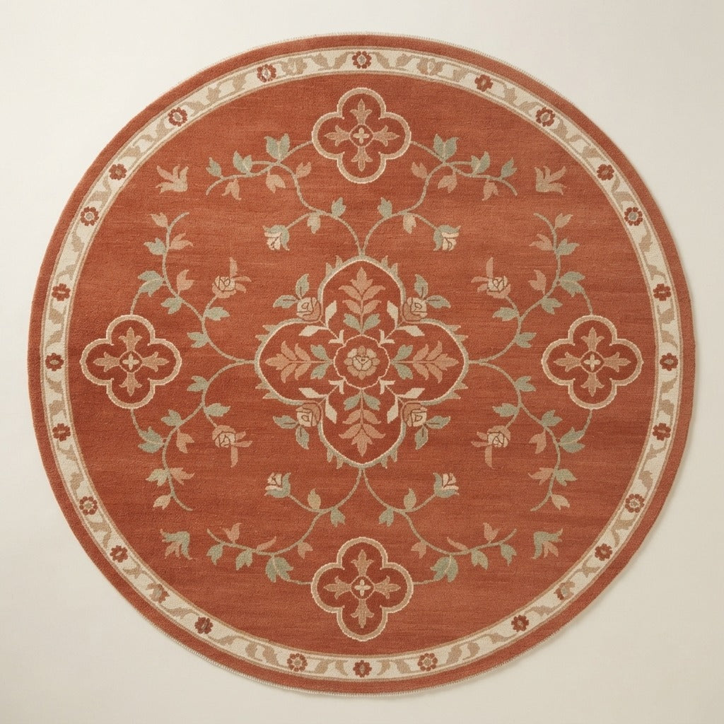 Rust Vine Quatrefoil Round Hand Knotted Rug - studio photo