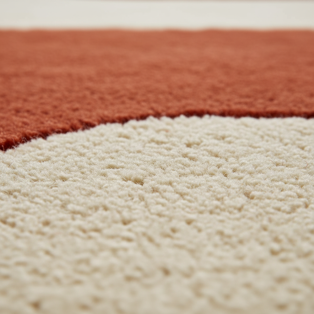 Close-up of a plush shag rug with a two-tone design, featuring a warm terracotta orange section on top and an off-white/cream section below.
