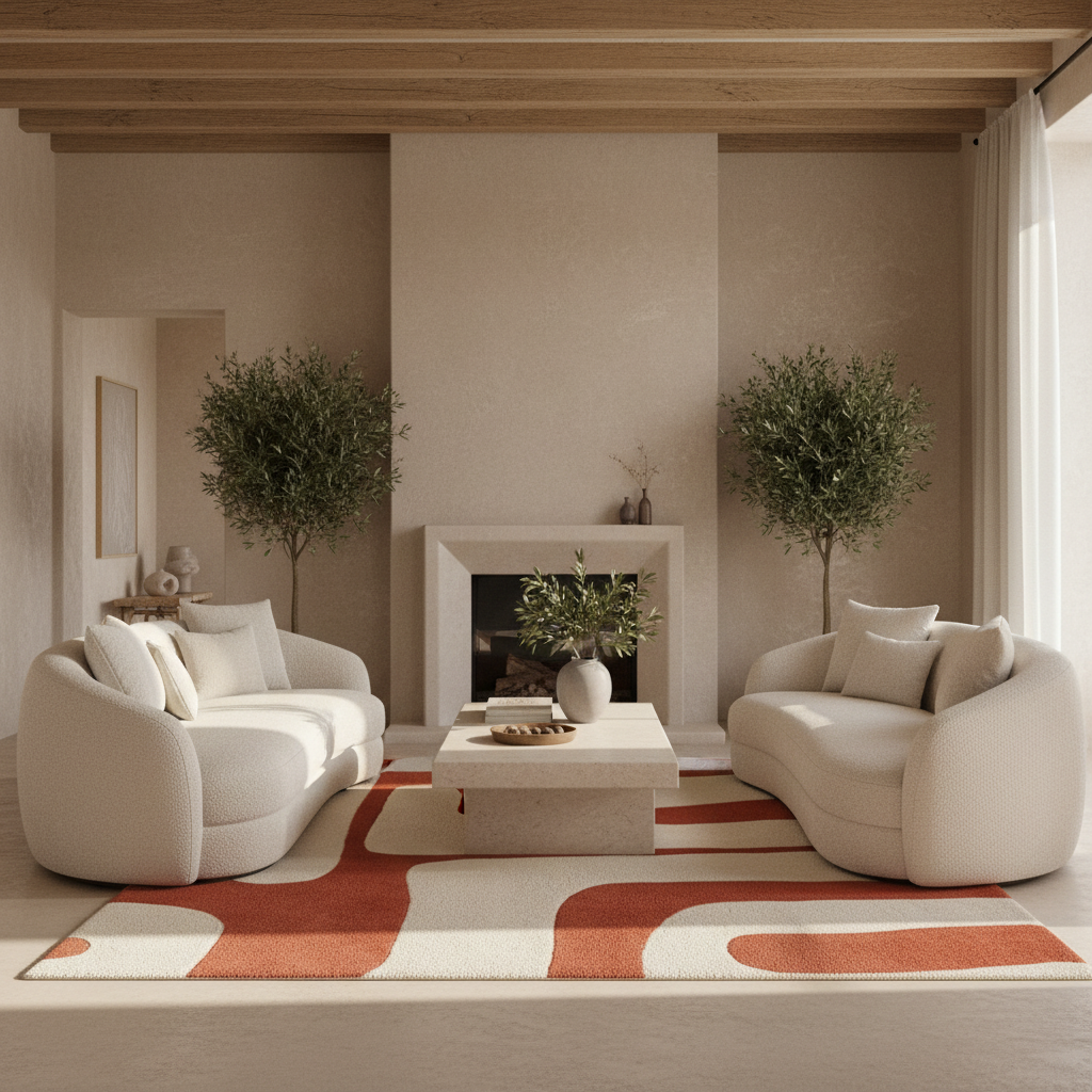 A styled living room featuring two cream-colored curved modular sofas on a patterned orange and cream rug, with a matching low stone coffee table and a central fireplace. The room is decorated with two tall potted olive trees, textured beige walls, and a light wood ceiling.