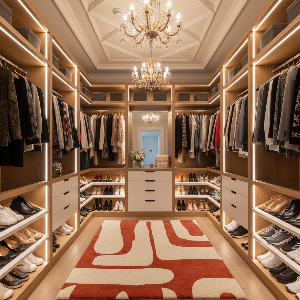 A luxury walk-in closet with wooden shelving, hanging garments, shelves of shoes, crystal chandeliers, and a bold red and beige abstract area rug on the floor.