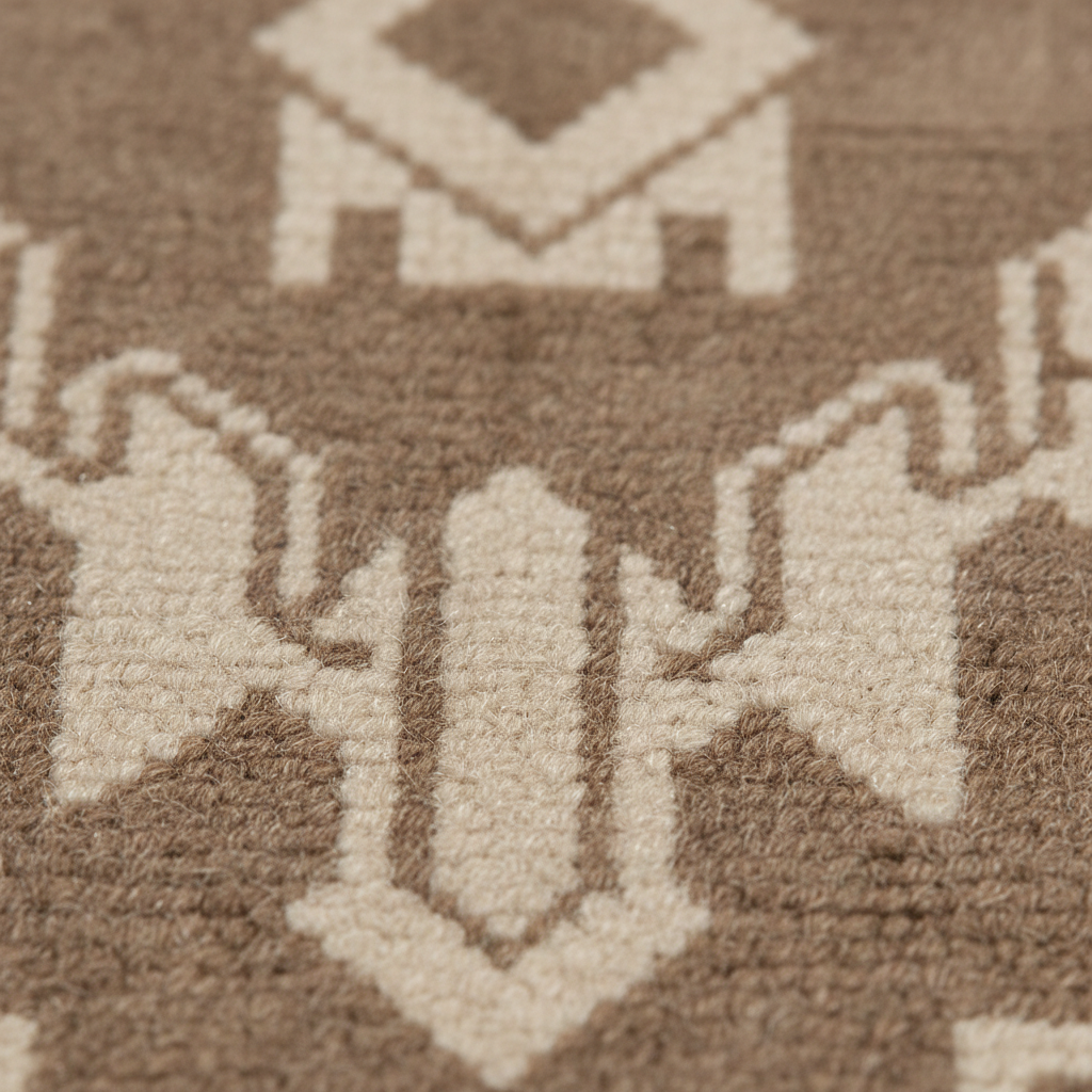 Close-up of a woven rug with a geometric pattern in taupe brown and cream.