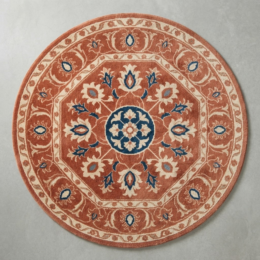Saffron Octagon Garden Round Hand Tufted Wool Rug - studio photo