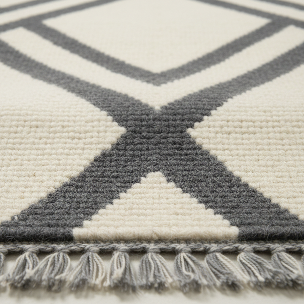 Close-up of a woven rug with a geometric pattern in dark gray and off-white, featuring a fringed edge at the bottom.