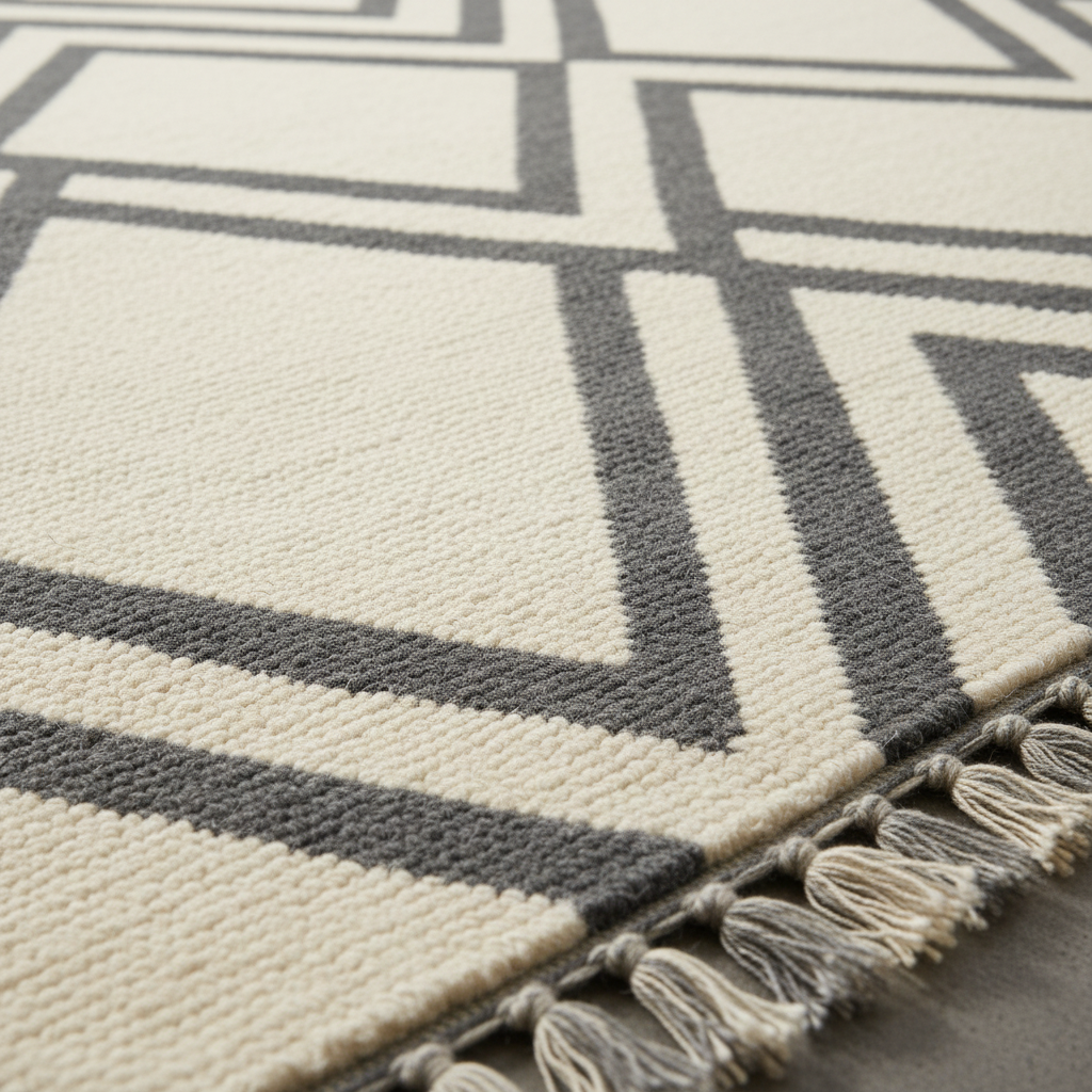 Close-up of a geometric area rug with a cream and dark gray pattern and tasseled edge.