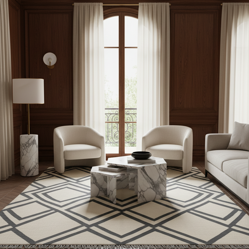 A styled living room interior with dark wood paneled walls, cream curtains, two cream armchairs, a partial light gray sofa, a marble side table, a marble floor lamp, and a large cream rug with a dark geometric pattern.