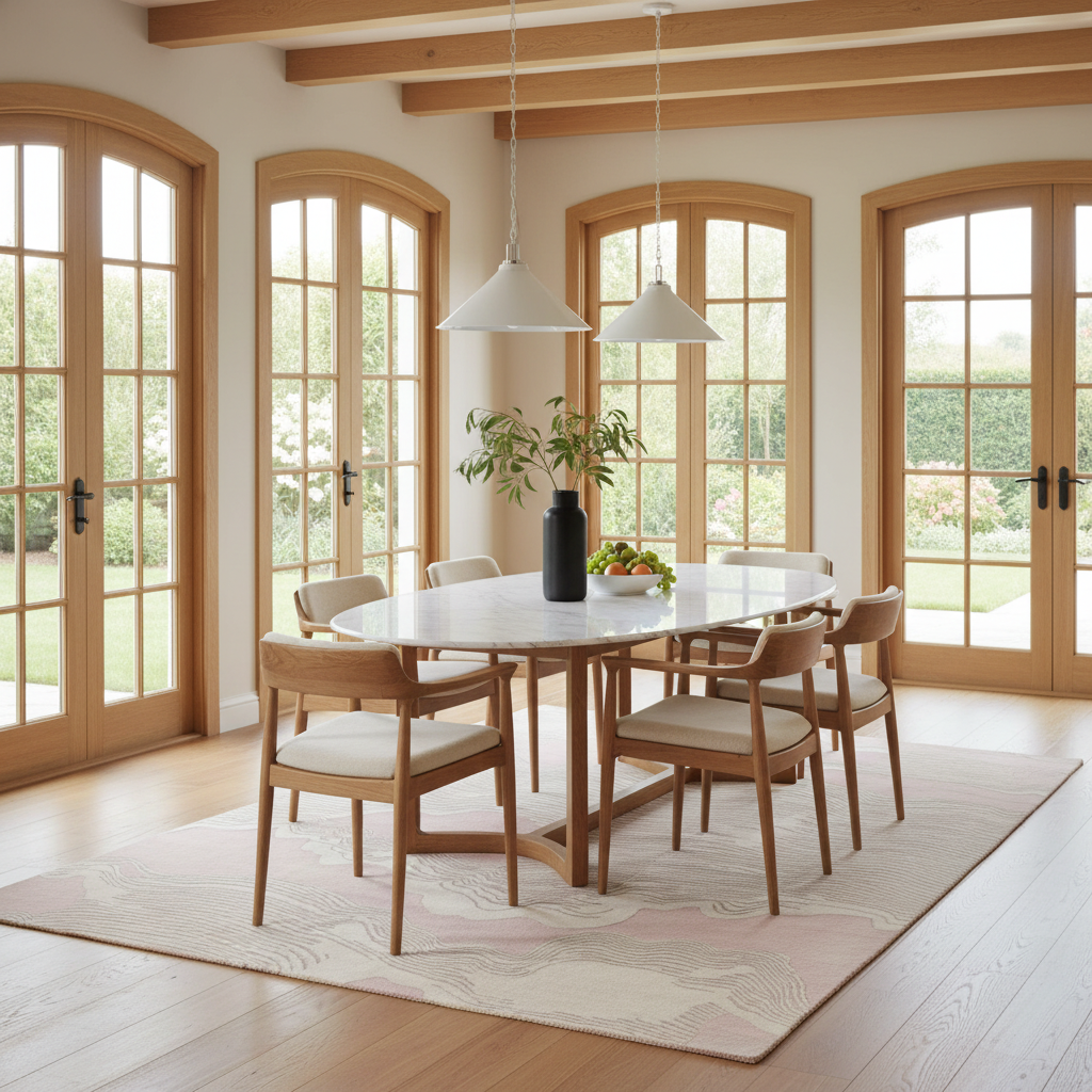 A dining room scene with a round white table and six light wood chairs with cream cushions, arranged on a pale pink rug in a bright room with large arched glass doors and hanging pendant lights.