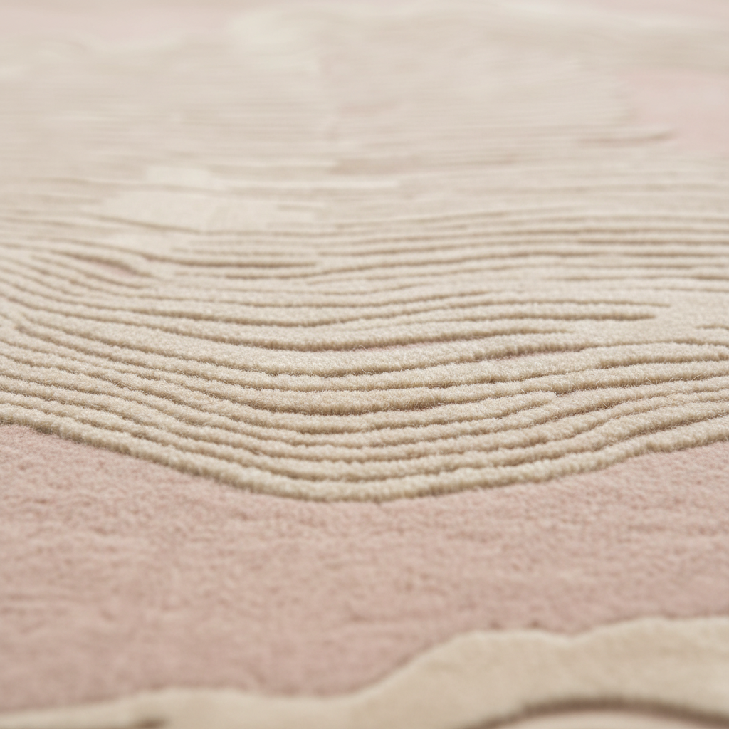 Close-up of a soft textured fabric or rug in blush pink and cream with wavy, layered ridges.
