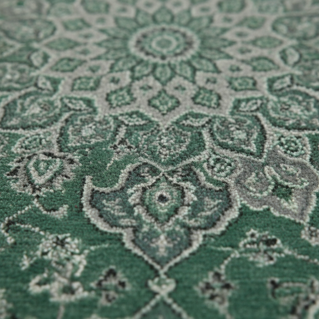 A close-up of a green and gray patterned rug with a traditional medallion design.