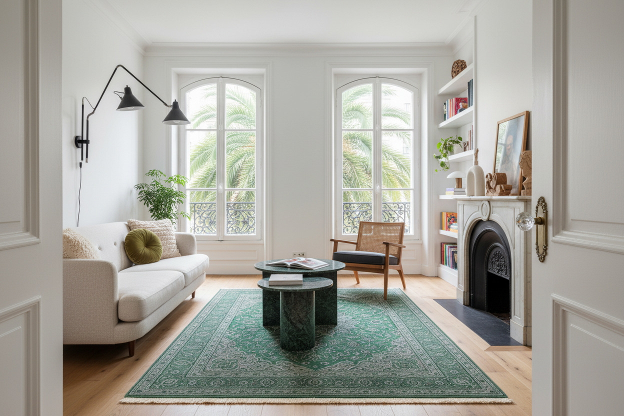 Living room with a green rug, white sofa, green knotted rug, and fireplace.