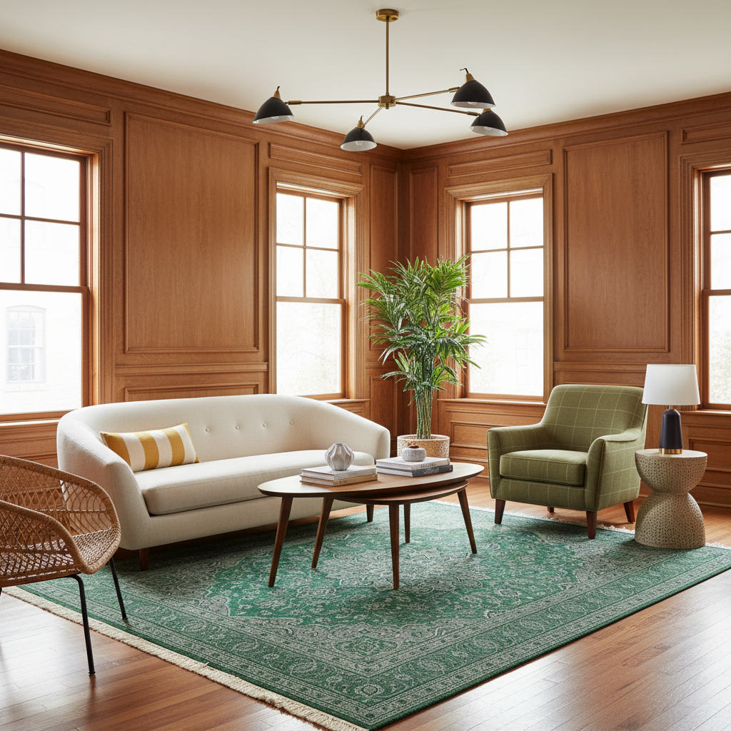 A styled living room interior with warm wood-paneled walls, a cream tufted sofa, an olive green armchair, a green patterned area rug, a coffee table, and a potted plant near tall windows.