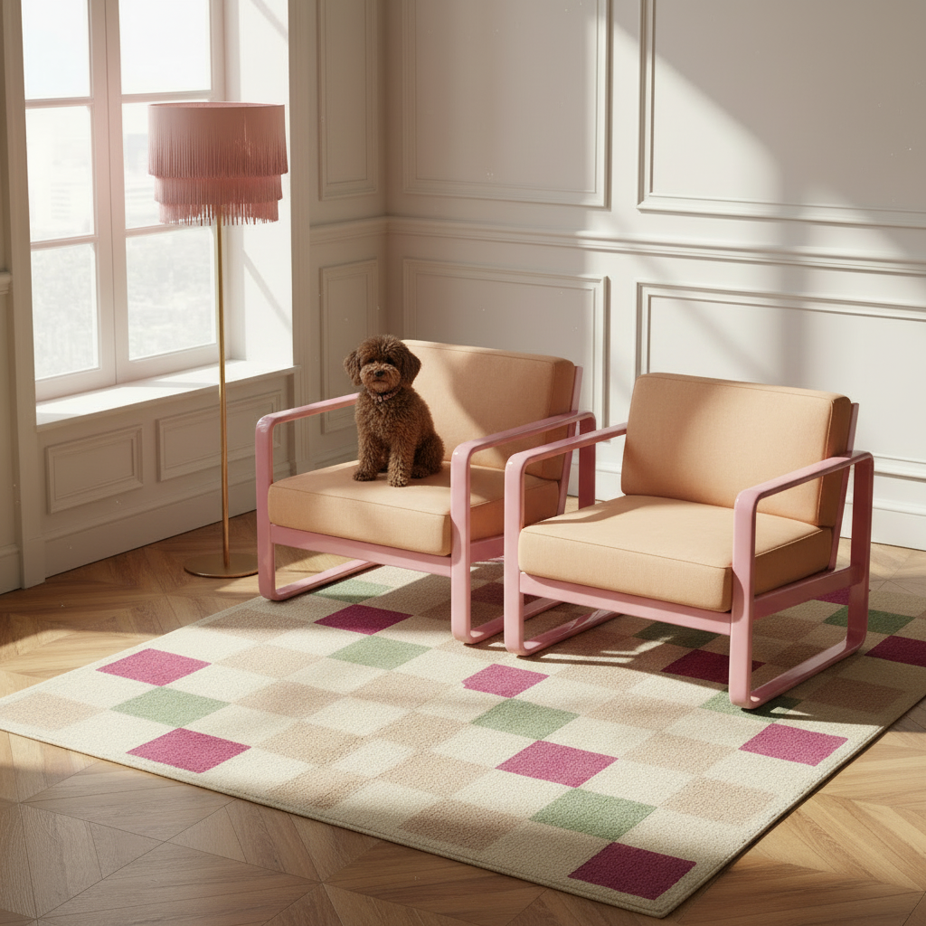 Two pink-framed armchairs with blush beige cushions are arranged on a checkered rug in a bright room with a small dog sitting on one chair. A pink fringed floor lamp stands near the window.