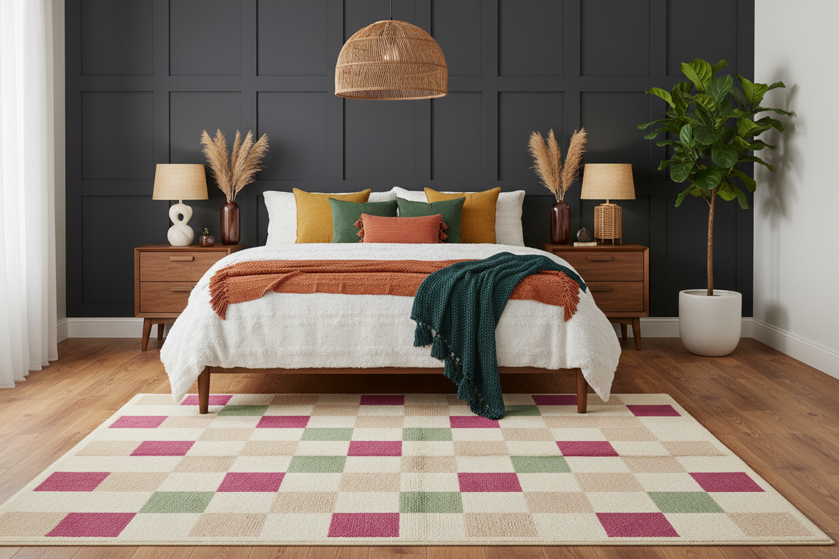 Bedroom with a checkered rug, bed with colorful bedding, and dark paneled walls.