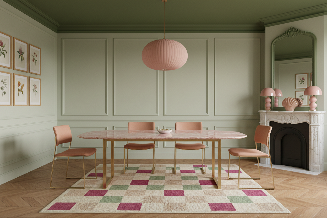 Dining room with a wooden table and chairs, pink pendant light, and checkered rug.