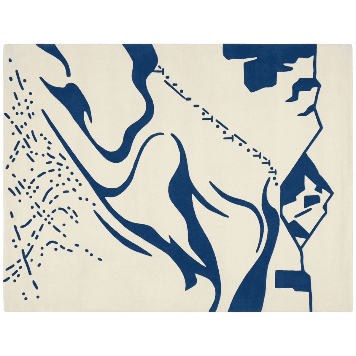 An abstract art print or rug featuring a stylized profile of a face in dark navy blue on an off-white background.