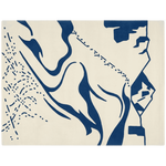 An abstract art print or rug featuring a stylized profile of a face in dark navy blue on an off-white background.