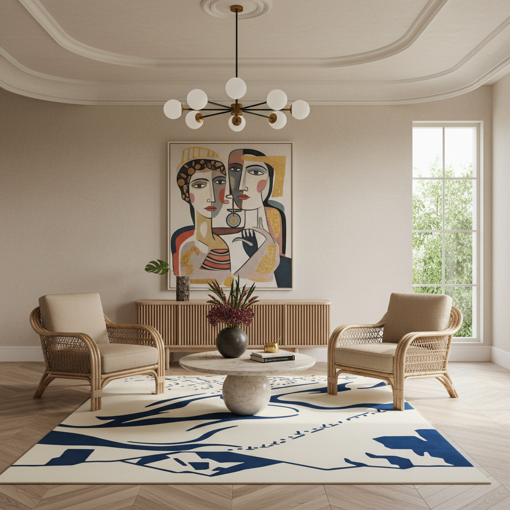 A styled living room interior featuring two wicker armchairs with beige cushions, a round white coffee table, a large cream and blue patterned area rug, a slatted wood sideboard, and a large framed art print depicting two stylized faces on the wall.