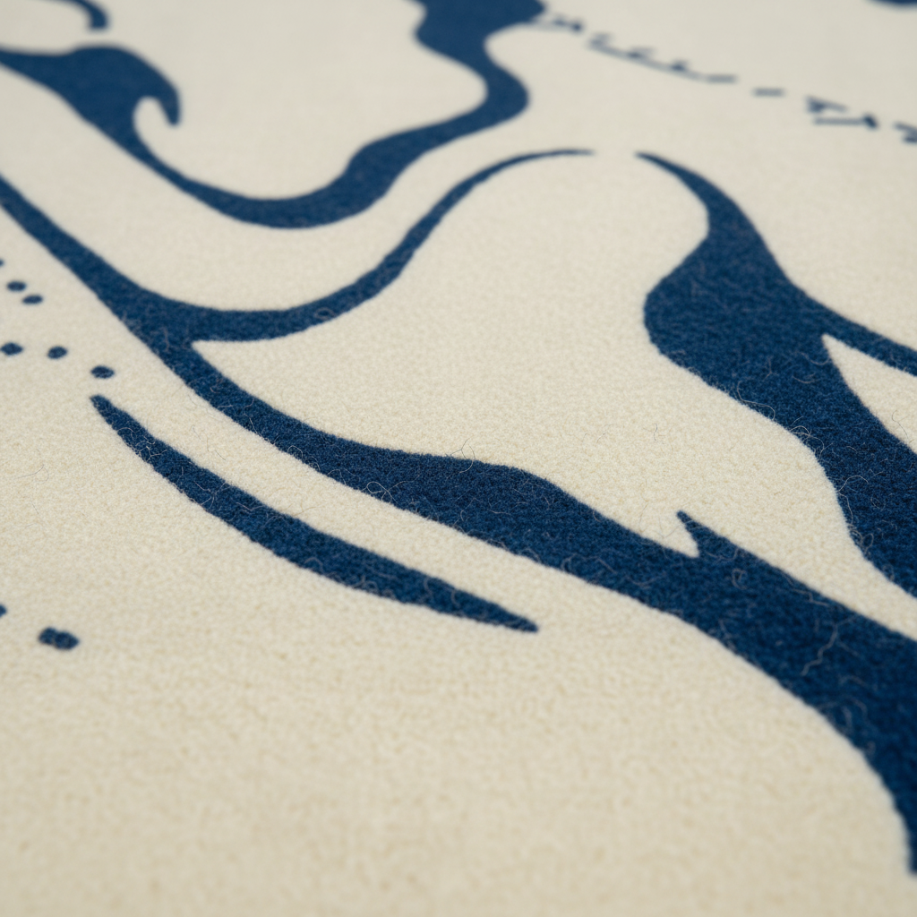 Close-up of a textured cream-colored rug with a bold navy blue abstract wave pattern.