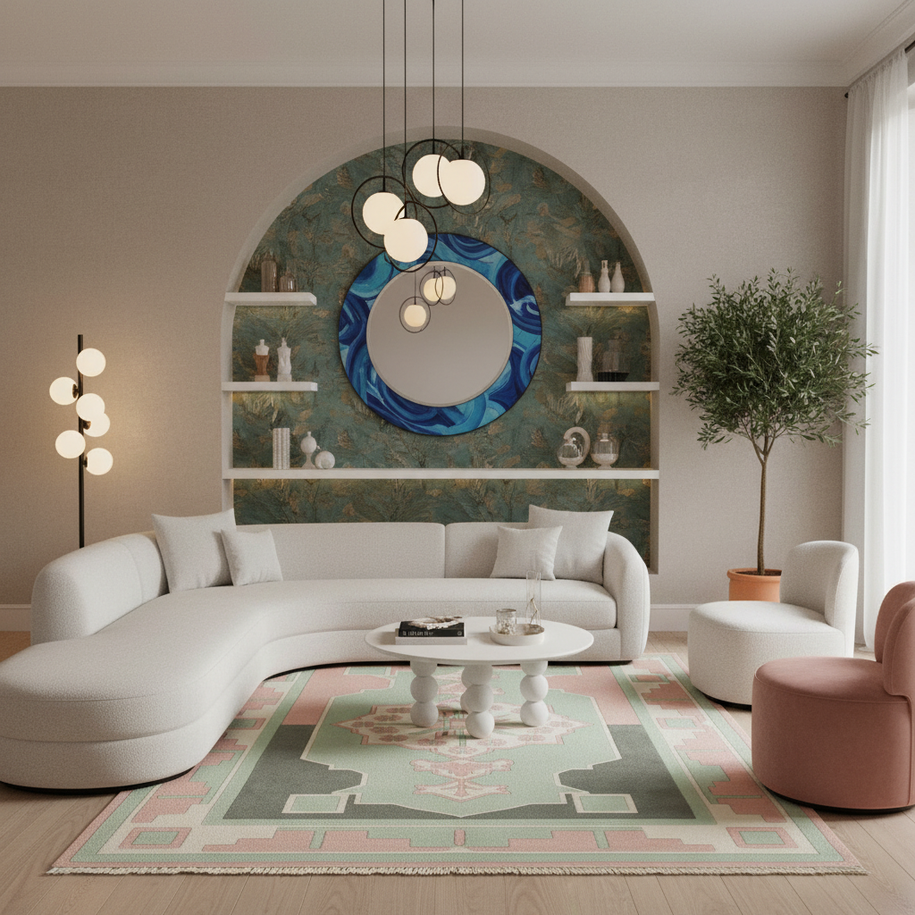 A modern living room featuring a curved white sectional sofa, a round pink accent chair, a white coffee table, and a patterned rug. The background is dominated by a large arched niche with a blue and green marbled mirror, white floating shelves, and a tall potted tree.