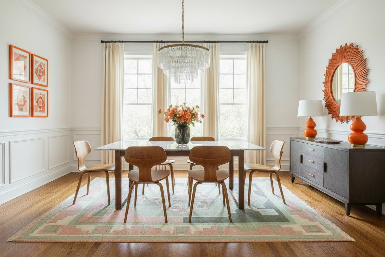 Dining room with a green tribal rug, table, chairs, and decorative elements.