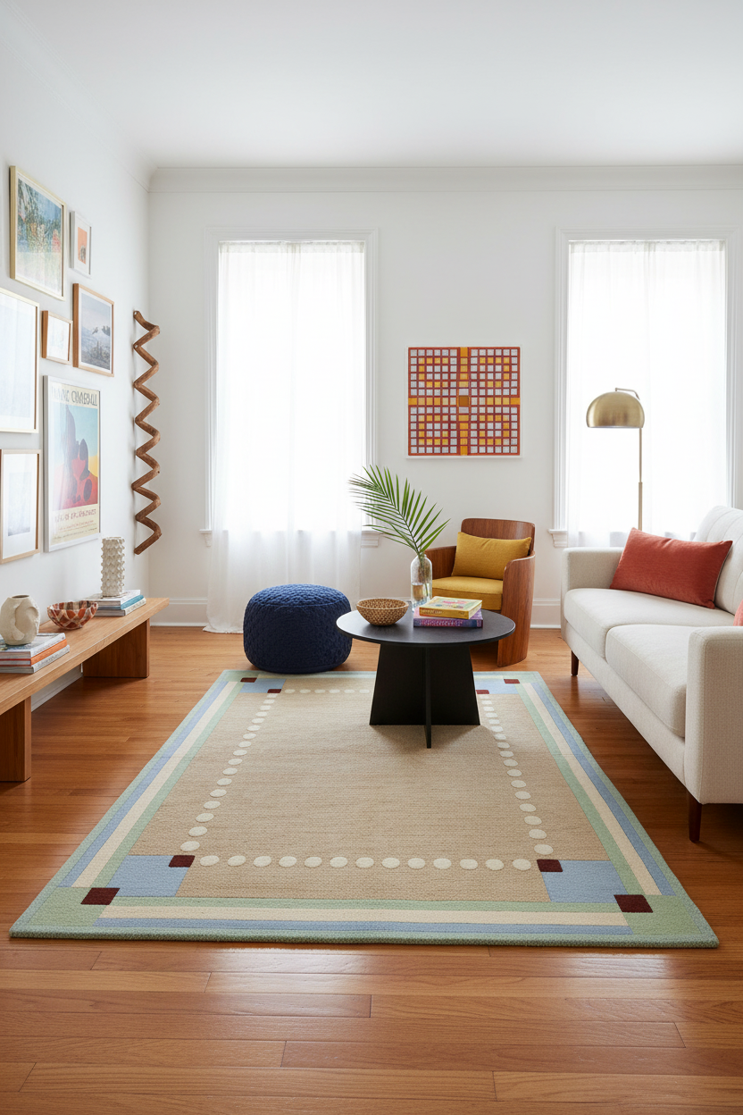 Living room with a contemporary beige rug, coffee table, and couch.