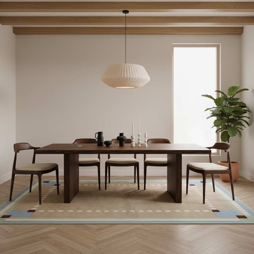 A modern dining room setup featuring a dark wood rectangular table and four matching chairs with light beige upholstered seats, arranged on a patterned area rug. A large potted fiddle-leaf fig plant stands in the corner next to a tall window, and a ribbed white pendant light hangs above the table.