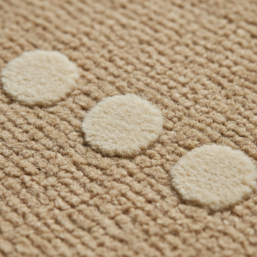 Close-up of a textured beige woven rug with three large off-white circular spots arranged diagonally.