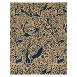 Patterned rug with blue animal and plant silhouettes on a beige background