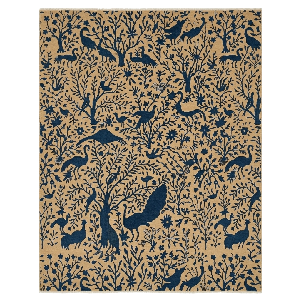 Patterned rug with blue animal and plant silhouettes on a beige background