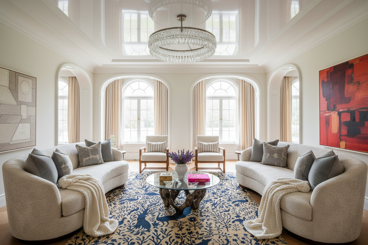 Modern living room with beige sofas, a coffee table, and decorative blue rug.