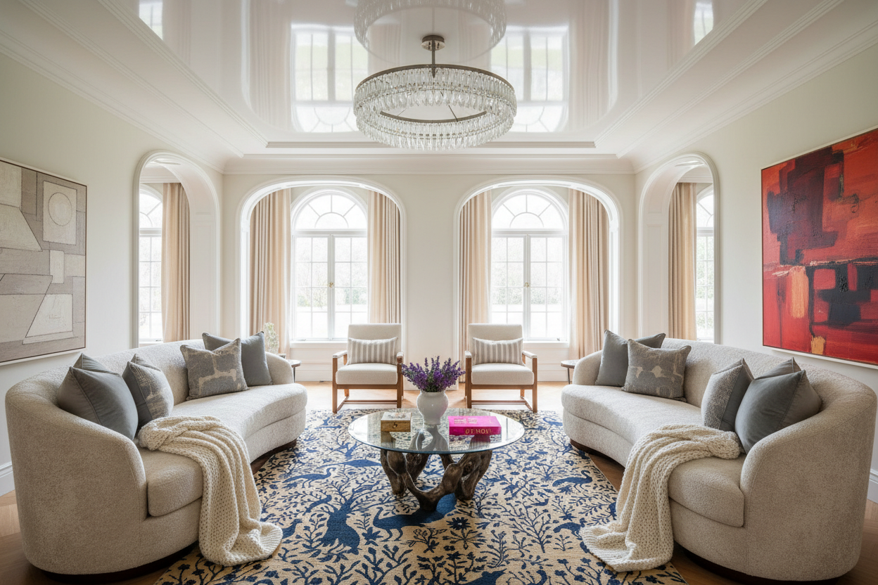Modern living room with beige sofas, a coffee table, and decorative blue rug.