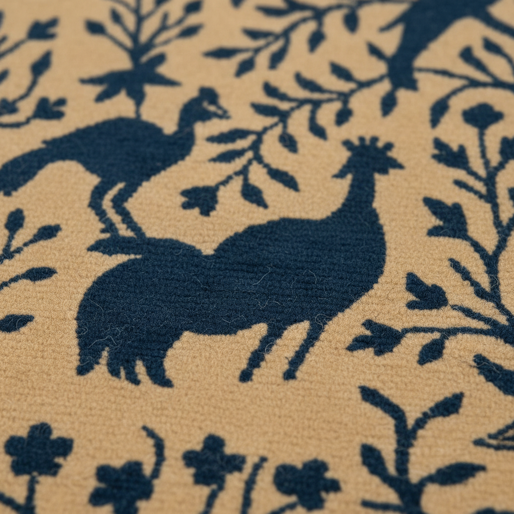 Close-up of a woven textile pattern featuring dark navy blue peacock silhouettes and botanical motifs on a warm beige background.