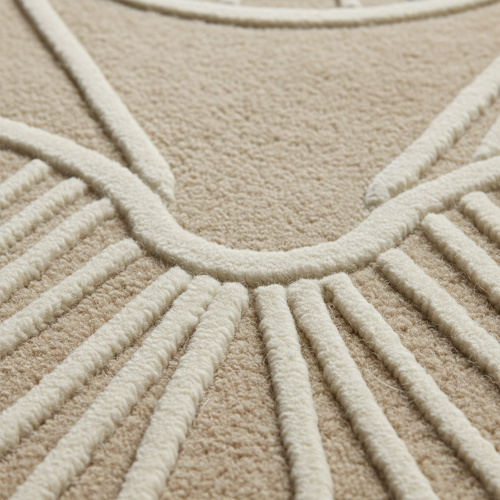 Close-up of a textured beige rug with a raised cream-colored geometric sunburst pattern.