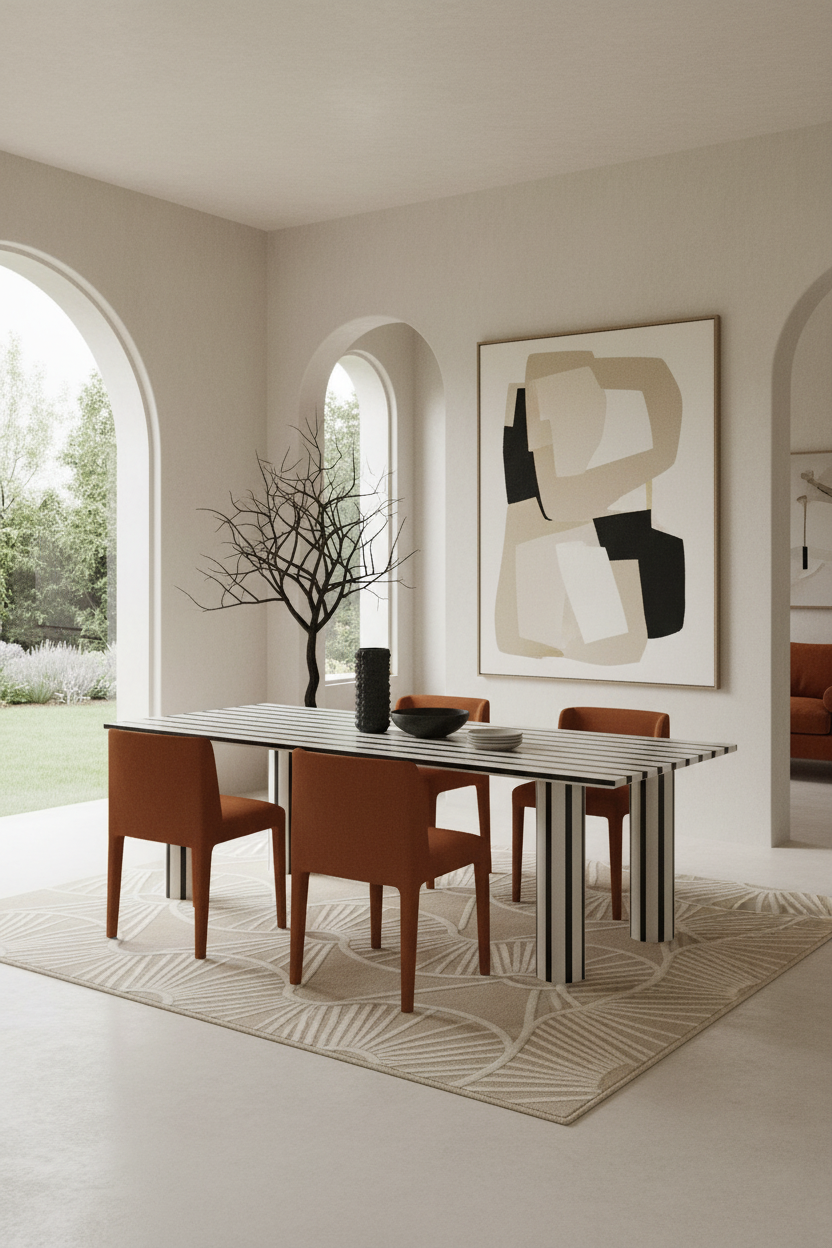 A modern dining room scene featuring a rectangular table with a white and black striped top and striped legs, surrounded by four brown upholstered chairs on a patterned beige rug. The room has warm neutral walls, arched windows, and a large abstract art print on the wall.