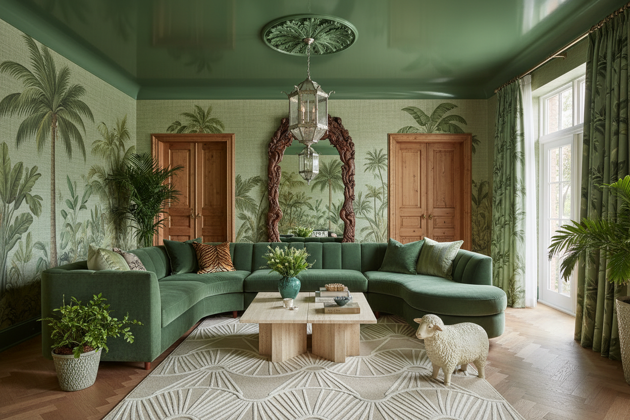 Luxurious living room with green walls, a curved green sofa, and decorative gray rug.