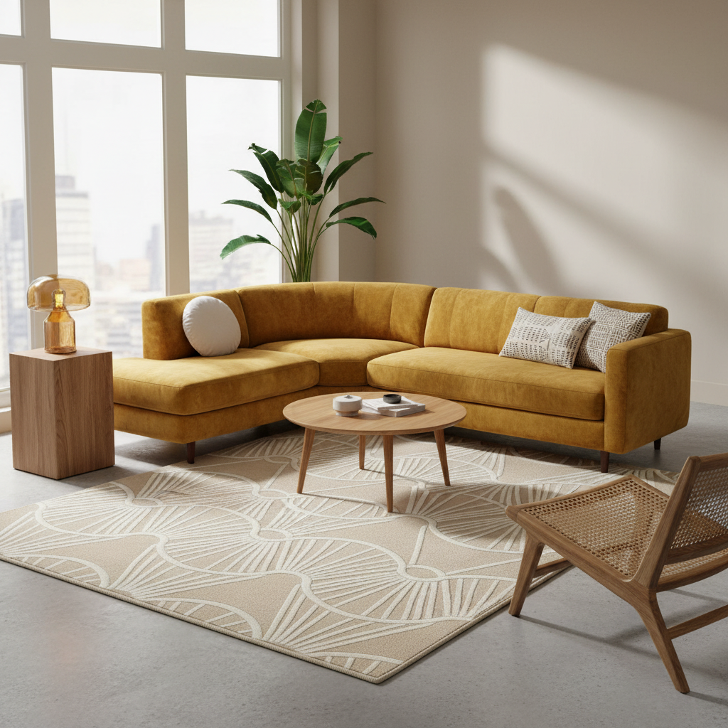 A mustard yellow sectional sofa in a modern, sunlit living room with a round wooden coffee table, patterned area rug, side table with a gold lamp, and a woven wood chair.