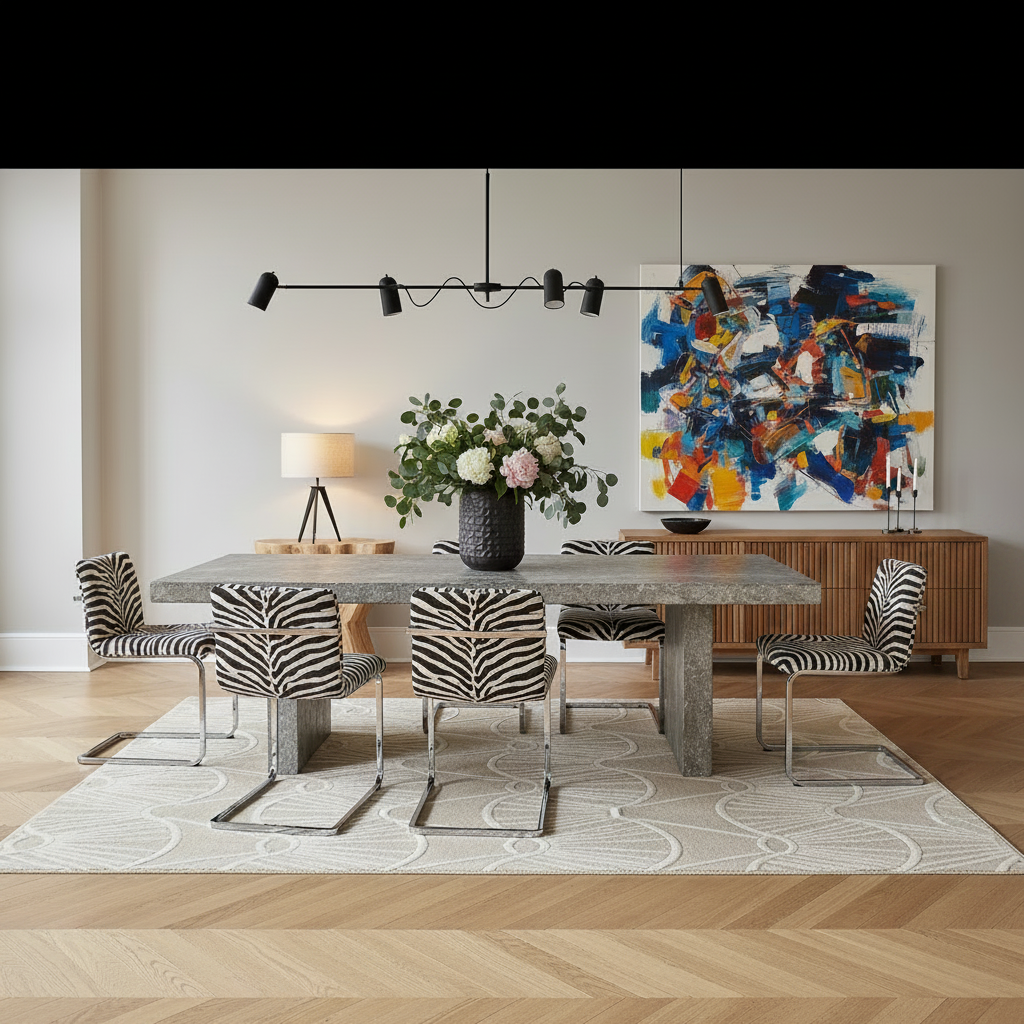 A modern dining room scene with a rectangular gray stone table, six zebra-print upholstered chairs, a black pendant light, a vase of flowers, a sideboard, and a large abstract painting on the wall.