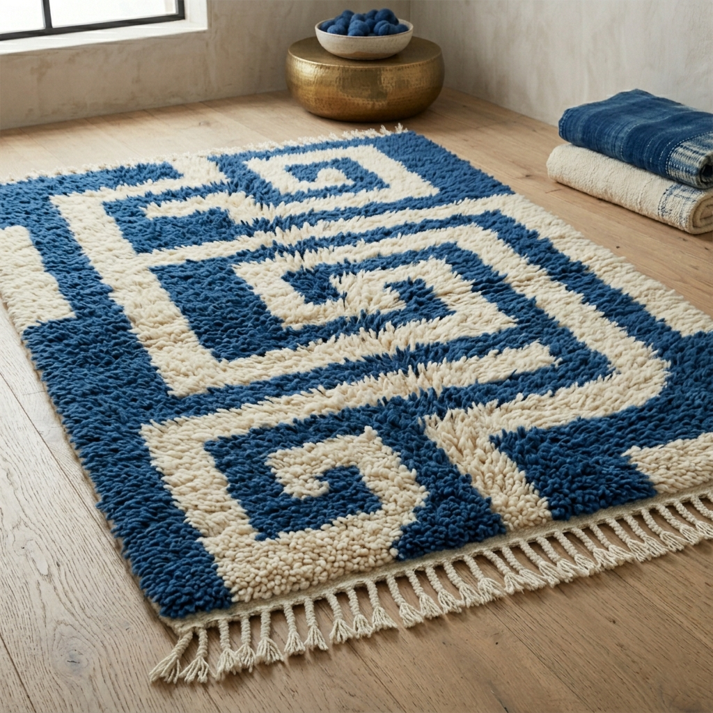 Blue and white geometric patterned rug on a wooden floor with a small table and folded clothes in the background.