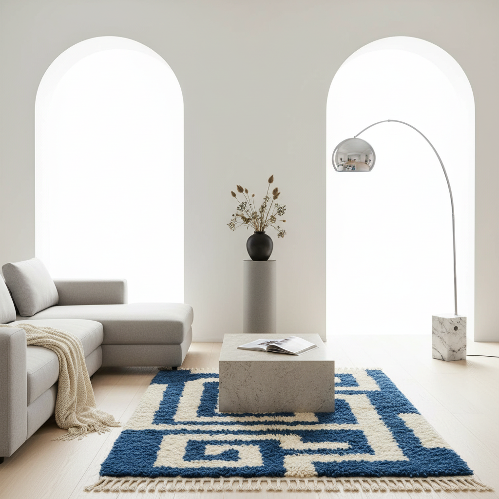 A modern living room scene featuring a blue and cream geometric patterned shag rug on a light wood floor. The room includes a light gray sectional sofa with a cream throw, a concrete coffee table, a silver floor lamp, and a black vase with dried branches against a white wall with two arched windows.
