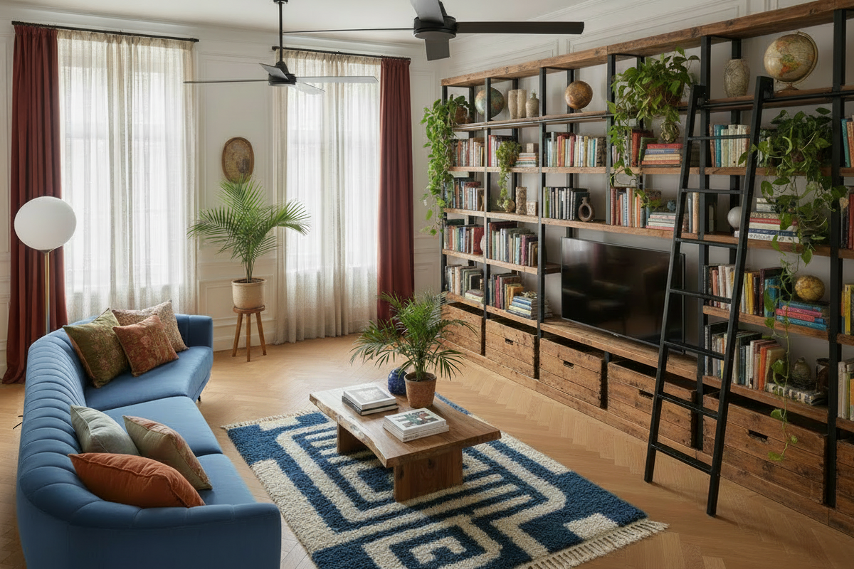 Modern living room with a blue shag rug, sofa, bookshelf, and decorative items.